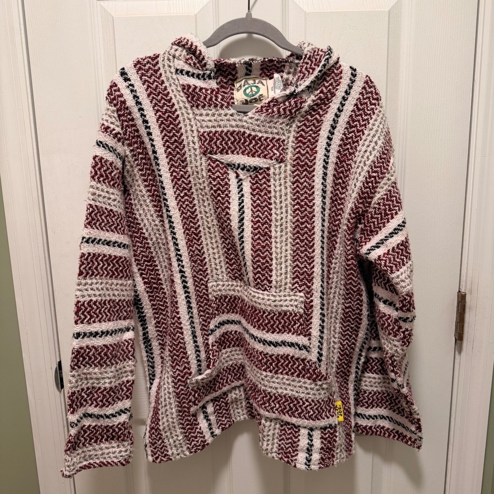 Baja Joe By Earth Ragz Hooded Pullover Poncho Striped Red Cream Black XL‎